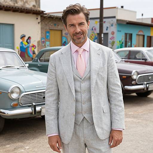 Photograph of a bearded man in a light gray suit with pink tie, standing in front of vintage cars, colorful buildings in background.