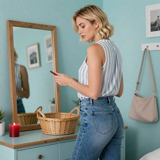 Chic Blonde Woman in Turquoise Setting