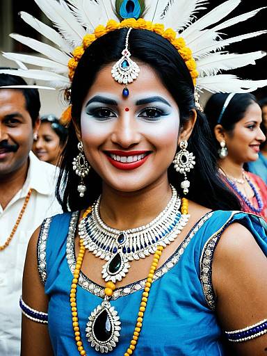 Woman in Krishna Janmashtami Costume with Feathered Headdress