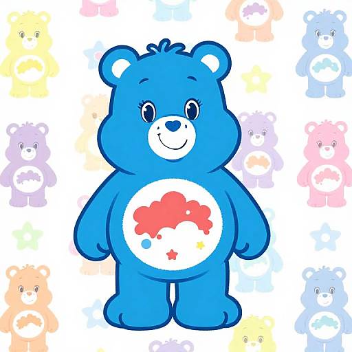 Colorful digital illustration of a cute, blue teddy bear with a white belly and red cloud emblem, surrounded by smaller pastel-colored bears.