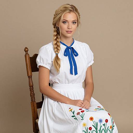 Photograph of a blonde woman with a braided ponytail, wearing a white dress with blue ribbon and floral apron, seated on a wooden chair