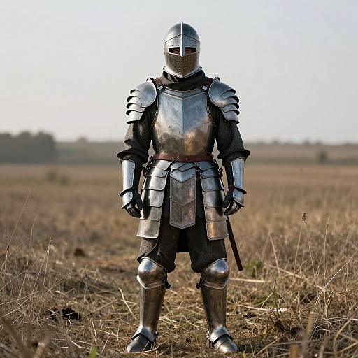 Photograph of a medieval knight in full shining silver armor, standing in a dry, grassy field under a clear sky.