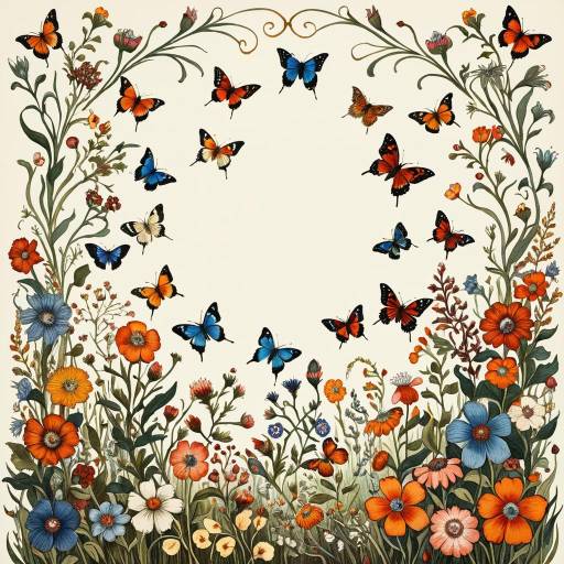 Colorful Floral Border with Butterflies