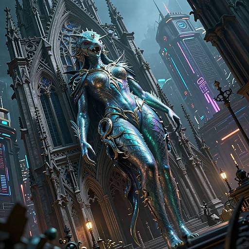Digital art of a futuristic, armored, humanoid figure with glowing blue and gold scales, standing in a neon-lit, gothic cityscape.