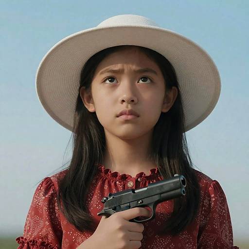 Young Girl Holding Gun Wearing White Hat