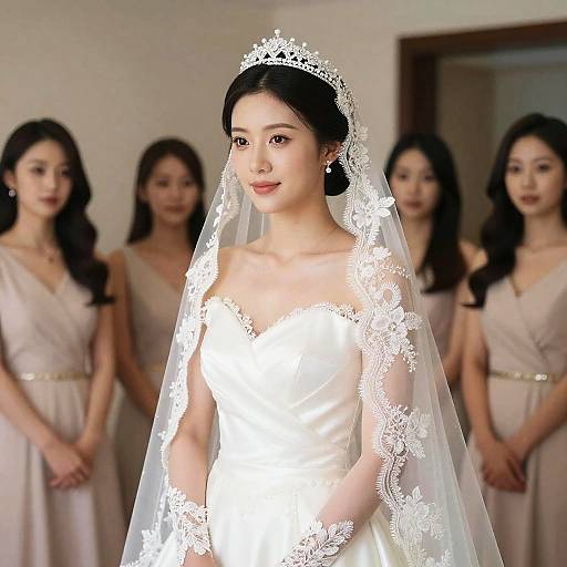 Photograph of an Asian bride in a white lace wedding gown and veil, surrounded by four bridesmaids in beige dresses, standing indoors.