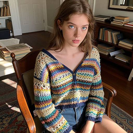 Photograph of a young woman with fair skin and blue eyes, wearing a colorful, crocheted V-neck sweater and dark shorts, seated in a