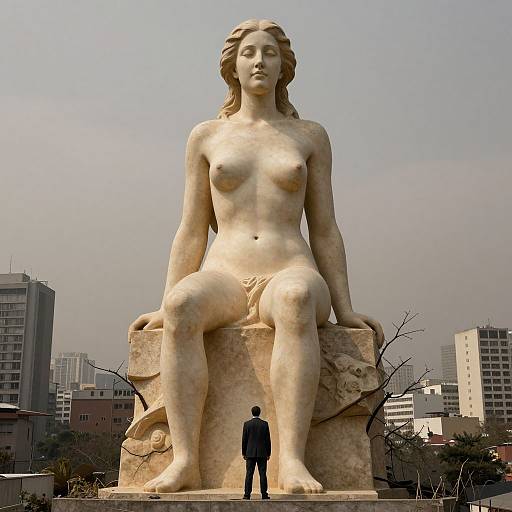 Photograph of a colossal, nude marble statue of a serene woman with wavy hair, sitting on a pedestal, with a small, dark-suited