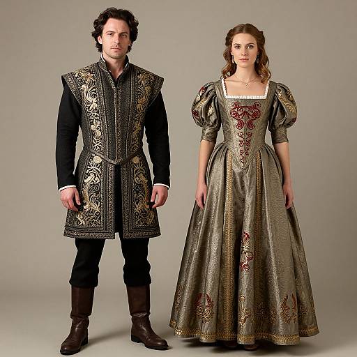 Photograph of a man and woman in Renaissance-style clothing: man in ornate black vest, woman in detailed green dress with puffed sleeves, standing