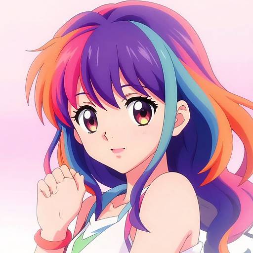 Vibrant anime-style digital drawing of a smiling girl with multicolored hair (purple, blue, orange) and large, expressive brown eyes.