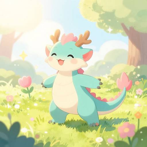 Cute, cartoon-style digital drawing of a happy, blue and cream dragon with pink fins and small antlers, standing joyfully in a sunlit