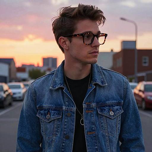 Photograph of a handsome young man with tousled brown hair, wearing tortoiseshell glasses, blue denim jacket, black shirt, and necklace,