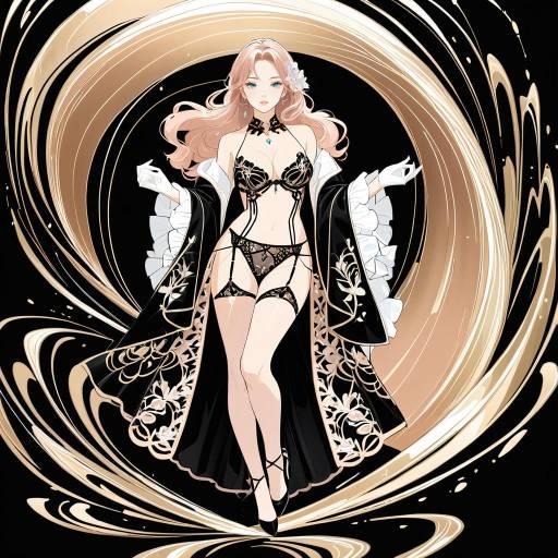 Woman in Rose-Gold Waves and Intricate Black Lingerie