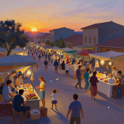 Vibrant sunset market scene with colorful stalls, diverse crowd, children, illuminated food, and warm twilight sky; digital painting style.