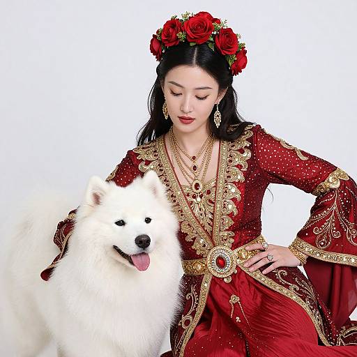Photograph of an Asian woman in a red, gold-embroidered traditional dress, wearing a red rose headpiece, standing beside a fluffy white