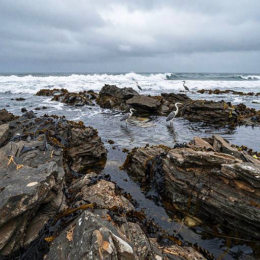 Moody Rocky Seashore with Herons