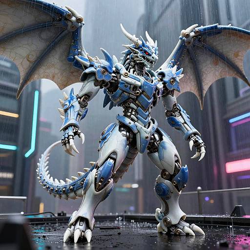 Cobalt Dragon Mecha on Neon City Rooftop