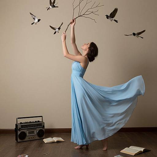 Photograph of a woman in a flowing blue dress, barefoot, reaching for bare branches, surrounded by flying birds, with an old radio and open