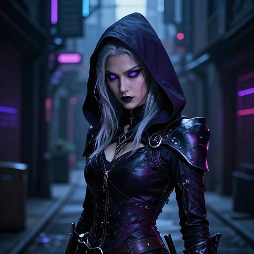 Cyberpunk woman with glowing purple eyes, hooded black leather armor, standing in a neon-lit, rain-soaked alley at night. Digital