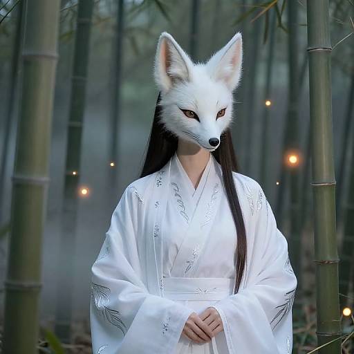 Digital art of a woman in a white kimono wearing a fox mask, standing in a bamboo forest with glowing lanterns.