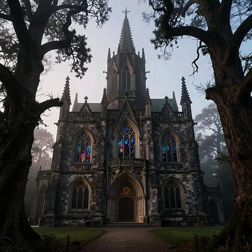 Gothic Mansion in Misty Woods