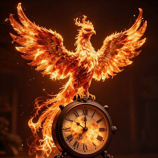 Photograph of a flaming phoenix with vibrant orange and yellow feathers perched on a black, fire-engulfed clock against a dark background.