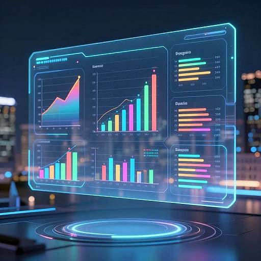 Neon-lit digital graph displaying colorful bar and line charts with a futuristic cityscape background and glowing circular interface.
