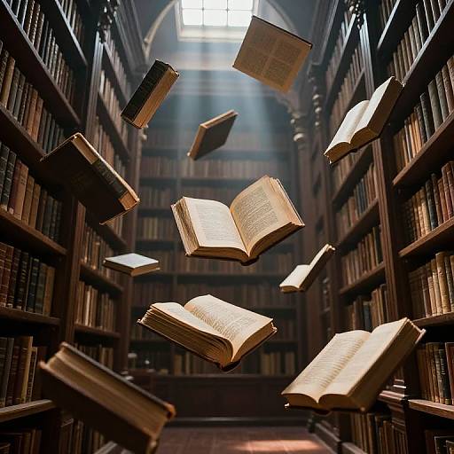 Photograph of open books magically floating in a dimly lit, arched library aisle with tall, wooden bookshelves. Sunlight streams through a