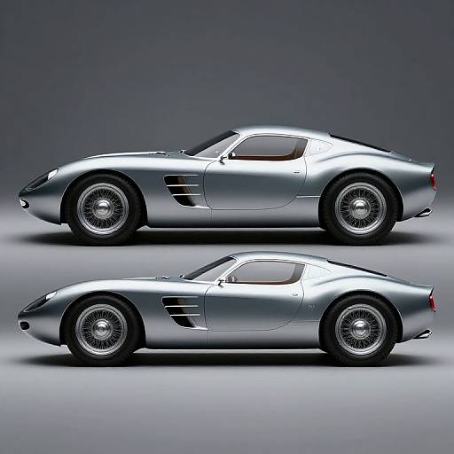 Photorealistic CGI of a sleek, silver, classic sports car with wire-spoke wheels, shown in side profile twice, against a gradient gray background