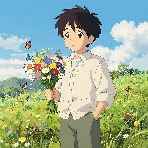Gentle Anime Boy in Meadow