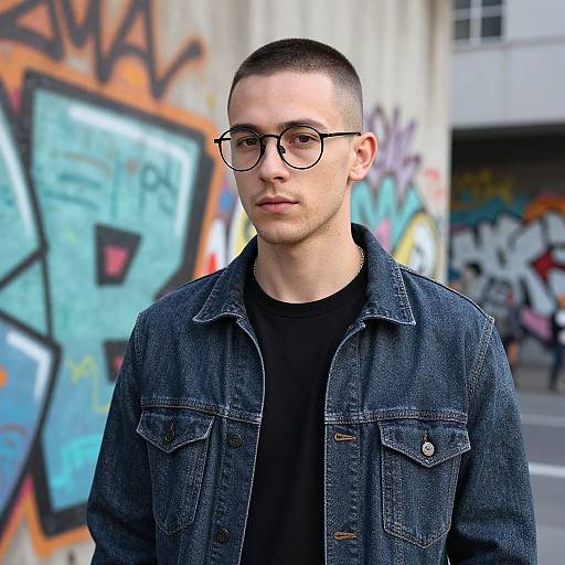 Photograph of a young man with short-cropped hair, black-rimmed glasses, and a dark denim jacket over a black shirt, standing in