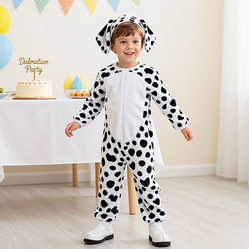 Photograph of a smiling young boy in a white Dalmatian onesie with black spots, standing in a bright room with colorful bunting and
