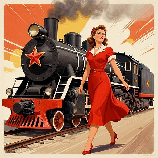 Vintage-style illustration of a red-dressed, 1950s-style woman with red hair walking beside a black steam locomotive with a red star,