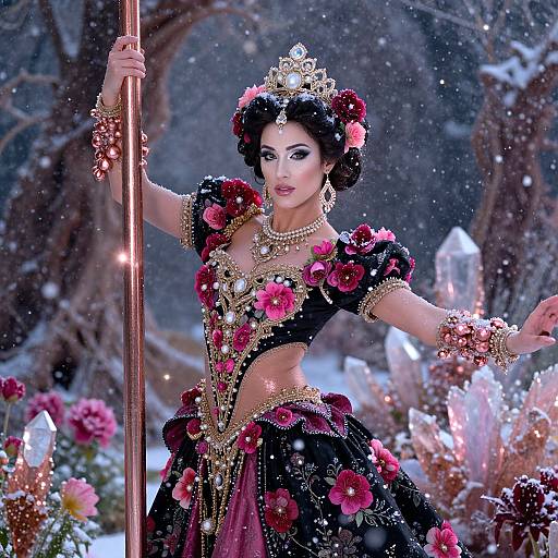 Photograph of an elegant Asian dancer in a black floral and gold costume, adorned with a tiara, pearls, and jewelry, holding a pole in