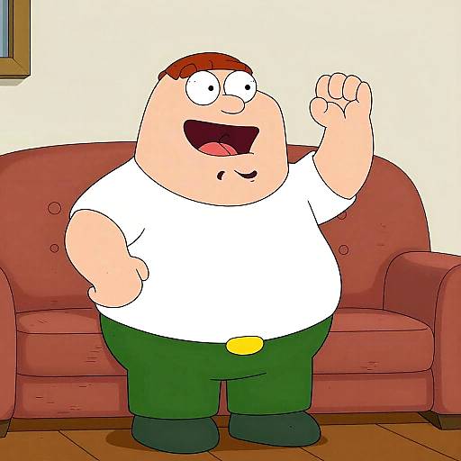 Cartoon of a chubby, bald man with red hair, white shirt, green pants, and black shoes, standing in front of a red couch,