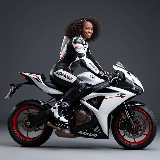 African-American Woman on White CBR500 Motorcycle