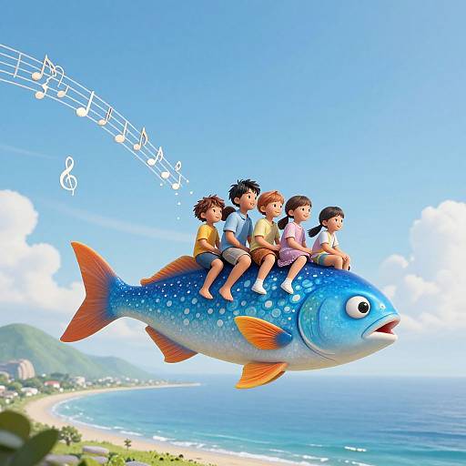 Digital illustration of five children riding a blue, orange-finned fish with musical notes, soaring over a sunny beach coastline.
