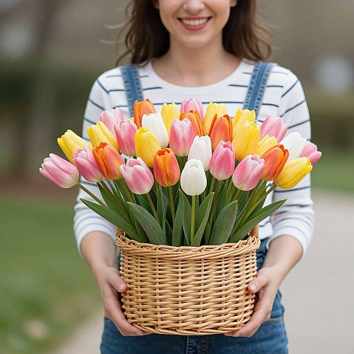 Photograph of a smiling woman with brown hair, wearing a white striped shirt and denim overalls, holding a woven basket of colorful tulips (pink