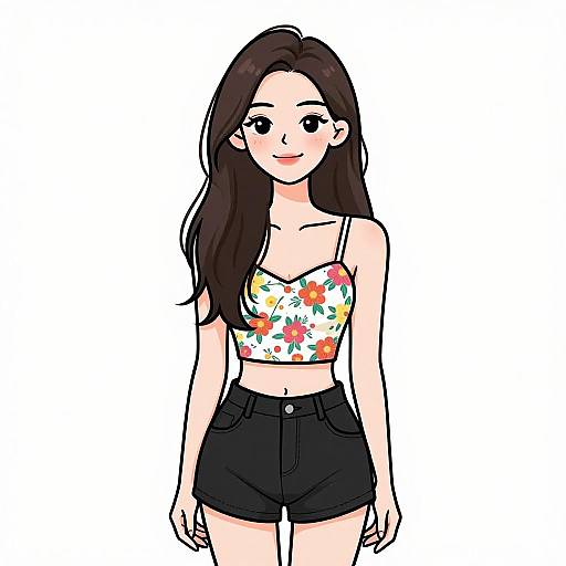 Digital drawing of a smiling young woman with long brown hair, wearing a floral crop top and black high-waisted shorts, standing against a plain white