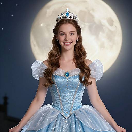 Photograph of a young woman with long brown hair, wearing a blue princess dress, silver tiara, and white puffed sleeves, smiling against a