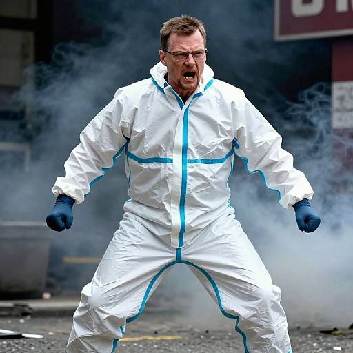 Photograph of a middle-aged man in a white and blue hazmat suit, shouting with clenched fists, surrounded by smoke in an urban alleyway