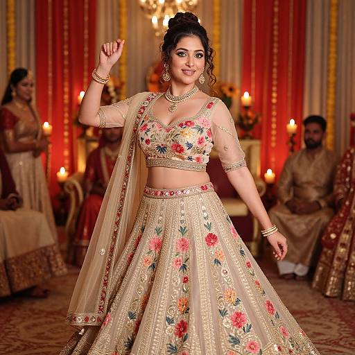 Indian bride in floral-patterned lehenga and crop top, adorned with jewelry, poses confidently in ornate, lit ballroom with other brides. Photograph