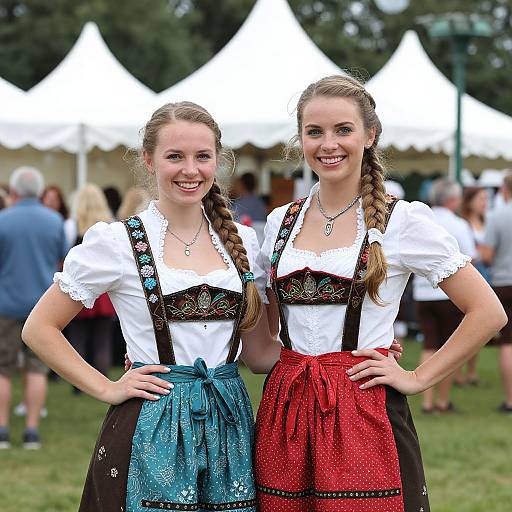 Photograph of two smiling young women with braided hair, wearing traditional Bavarian dirndls in white blouses and black aprons with blue and