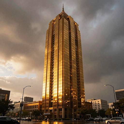Photograph of a towering, gold-reflective skyscraper under a dramatic, cloudy sky at sunset, with urban buildings and cars in the foreground.