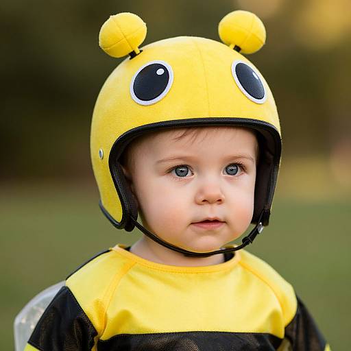 Photograph of a young child with blue eyes, wearing a yellow bee-themed helmet and matching shirt, standing outdoors with a blurred green background.