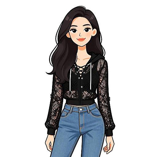 Digital illustration of a smiling young woman with long black hair, wearing a black lace crop top and blue jeans, standing against a white background.