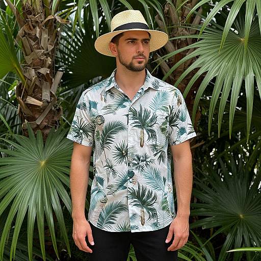 Photograph of a handsome man with a trimmed beard, wearing a white tropical shirt with green palm leaf patterns, black pants, and a straw hat,