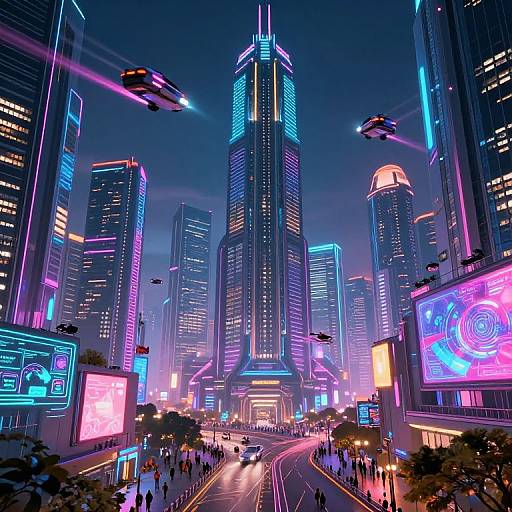 Neon-lit futuristic cityscape at night, featuring towering skyscrapers with vibrant purple, blue, and pink lights, flying drones, and bustling
