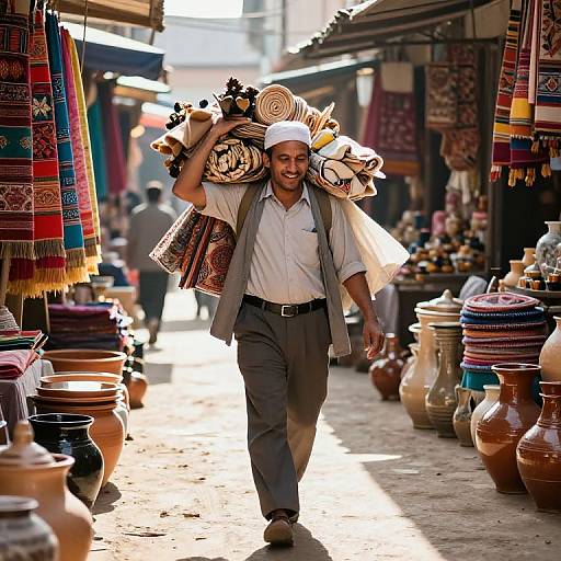 Photograph of a smiling Middle Eastern man in white hat and shirt, carrying colorful woven baskets and pottery, walking through a vibrant, sunlit market street