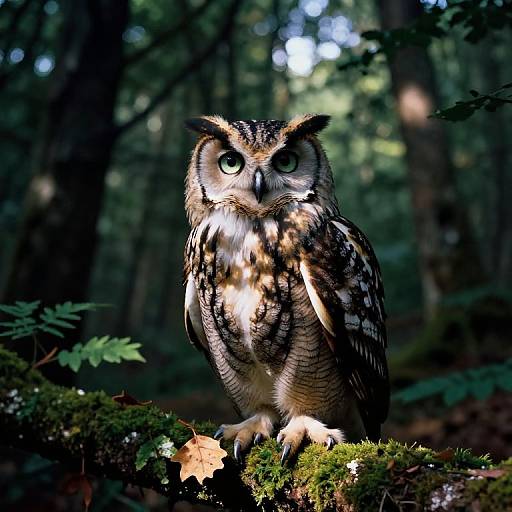 Photograph of a majestic, speckled brown and white owl with large, attentive eyes, perched on a mossy forest branch amidst dapp